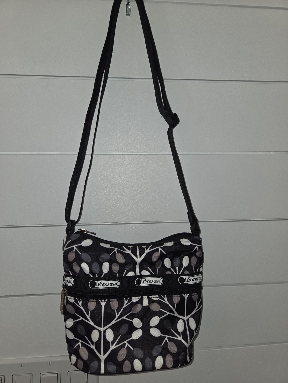 Lesportsac Black Crossbody Bag with Gray & Cream Leaf Motif